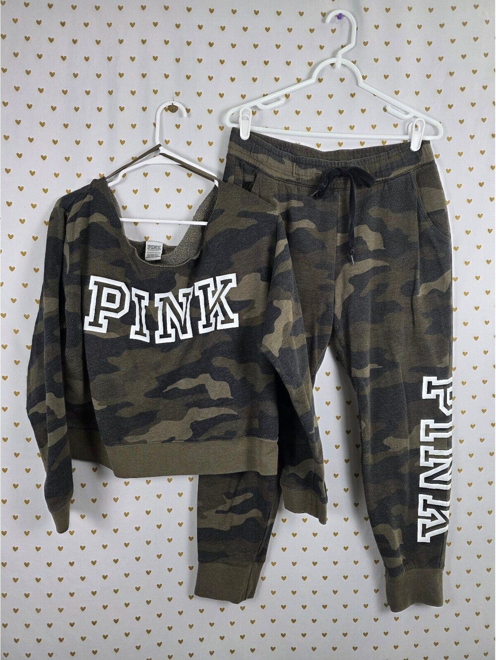 Victorias Secret Pink Camo Camouflage Slouchy Sweater SET Sweats Sweatpants XL L
